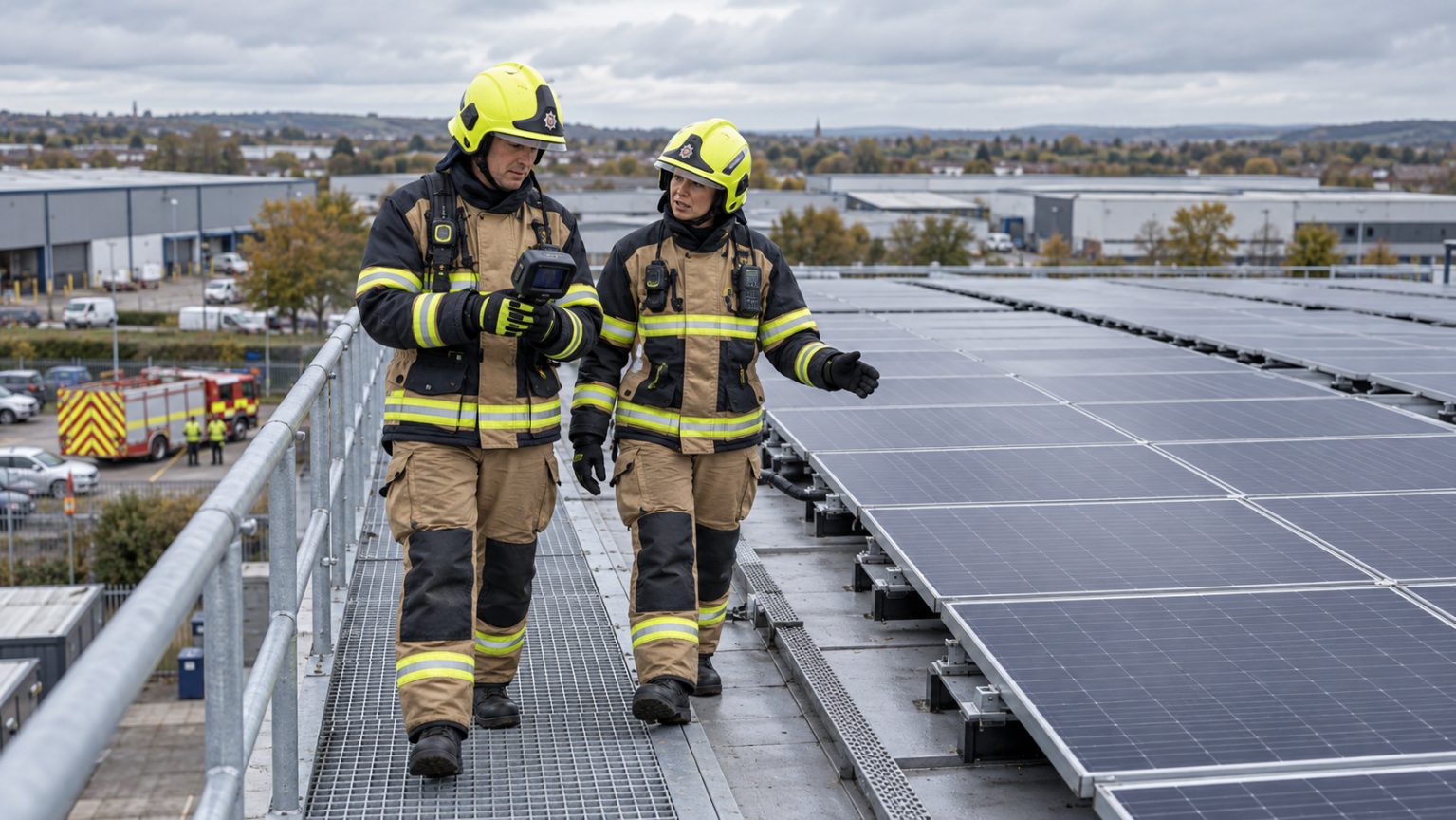 Firefighters inspecting rooftop solar panels