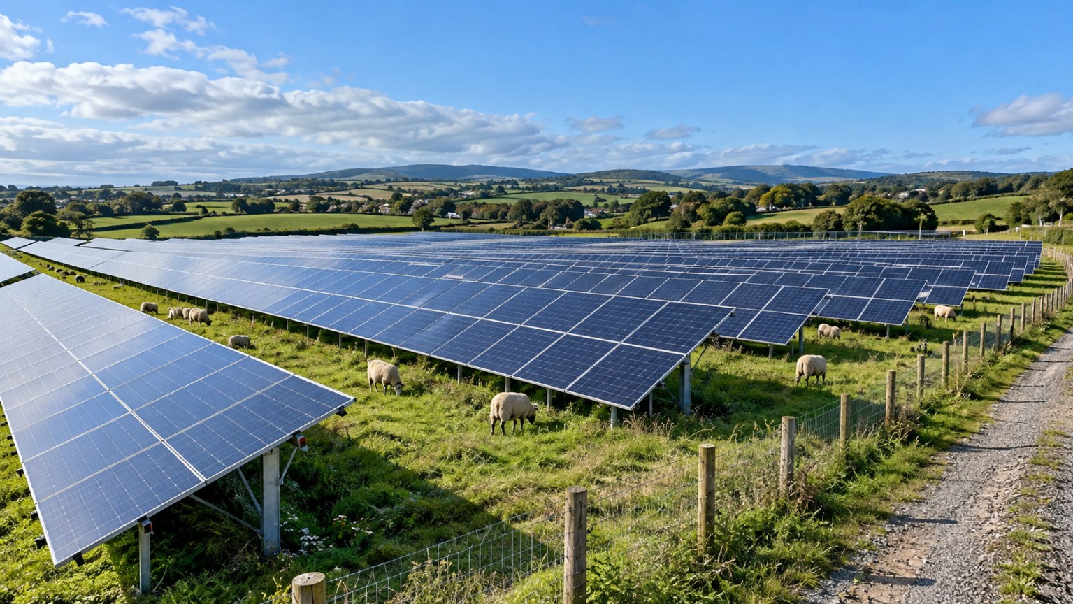 Ground-mounted solar array with sheep grazing on a UK farm