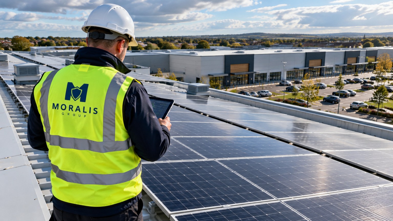 Moralis engineer inspecting a solar system on a retail roof